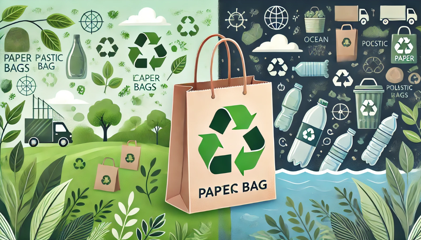 Grafika przedstawiająca zalety użytkowania ekologicznych papierowych toreb w stosunku do woreczków i opakowań foliowych